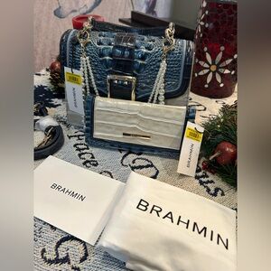 NWT 2-PIECE Brahmin Mindful Grey Acoustic Navy and Cream Croc-Embossed Bag